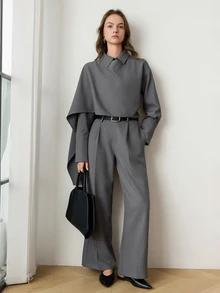 Dazy-Less Autumn/Winter Grey Round Neck Long Sleeve Slim Fit Waist Top And High Waist Loose Wide Leg Pants 2 Pieces Set - Grey - View 1