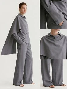 Dazy-Less Autumn/Winter Grey Round Neck Long Sleeve Slim Fit Waist Top And High Waist Loose Wide Leg Pants 2 Pieces Set - Grey - View 8