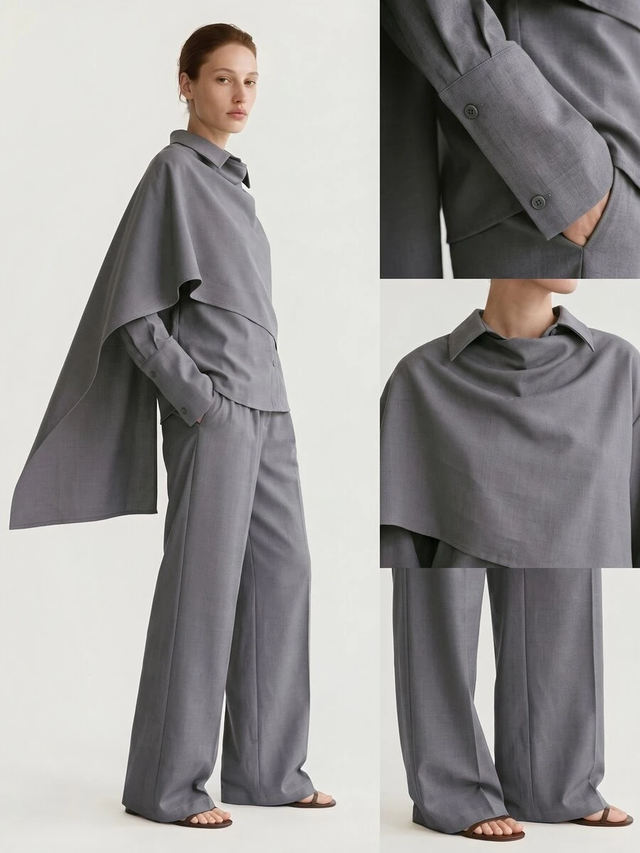 Dazy-Less Women's Solid Color Long Sleeve Asymmetric Design Shirt And Pants Casual 2 Pieces Set Fall - Grey - View 1