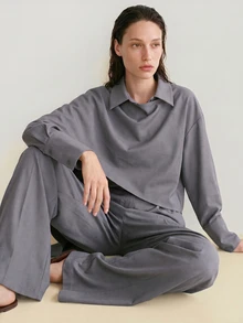 Dazy-Less Autumn/Winter Grey Round Neck Long Sleeve Slim Fit Waist Top And High Waist Loose Wide Leg Pants 2 Pieces Set - Grey - View 6