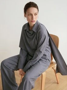Dazy-Less Autumn/Winter Grey Round Neck Long Sleeve Slim Fit Waist Top And High Waist Loose Wide Leg Pants 2 Pieces Set - Grey - View 4