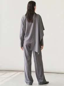 Dazy-Less Autumn/Winter Grey Round Neck Long Sleeve Slim Fit Waist Top And High Waist Loose Wide Leg Pants 2 Pieces Set - Grey - View 2