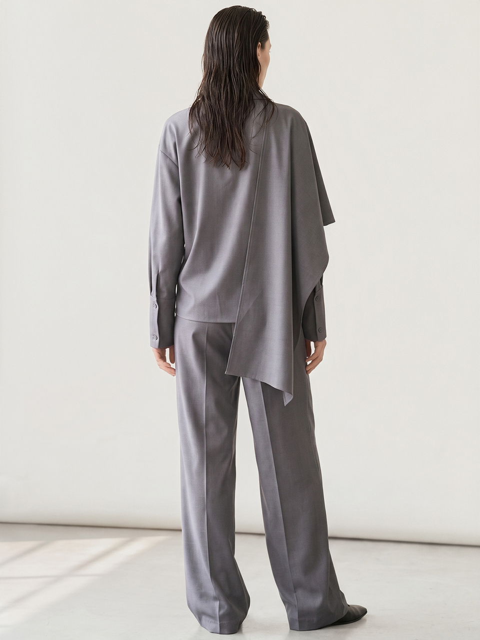 Women's Solid Color Long Sleeve Asymmetric Design Shirt And Pants Casual 2 Pieces Set Fall