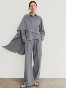 Dazy-Less Autumn/Winter Grey Round Neck Long Sleeve Slim Fit Waist Top And High Waist Loose Wide Leg Pants 2 Pieces Set - Grey - View 3