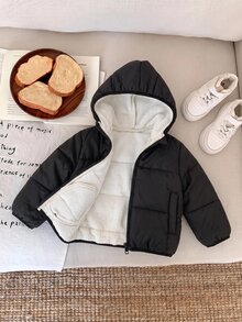 SHEIN 嬰兒男孩女孩棕色冬季保暖內裡連帽拉鍊加厚夾克休閒百搭多功能柔軟舒適運動外套適合戶外雪地玩耍 - 彩色 - 查看 4