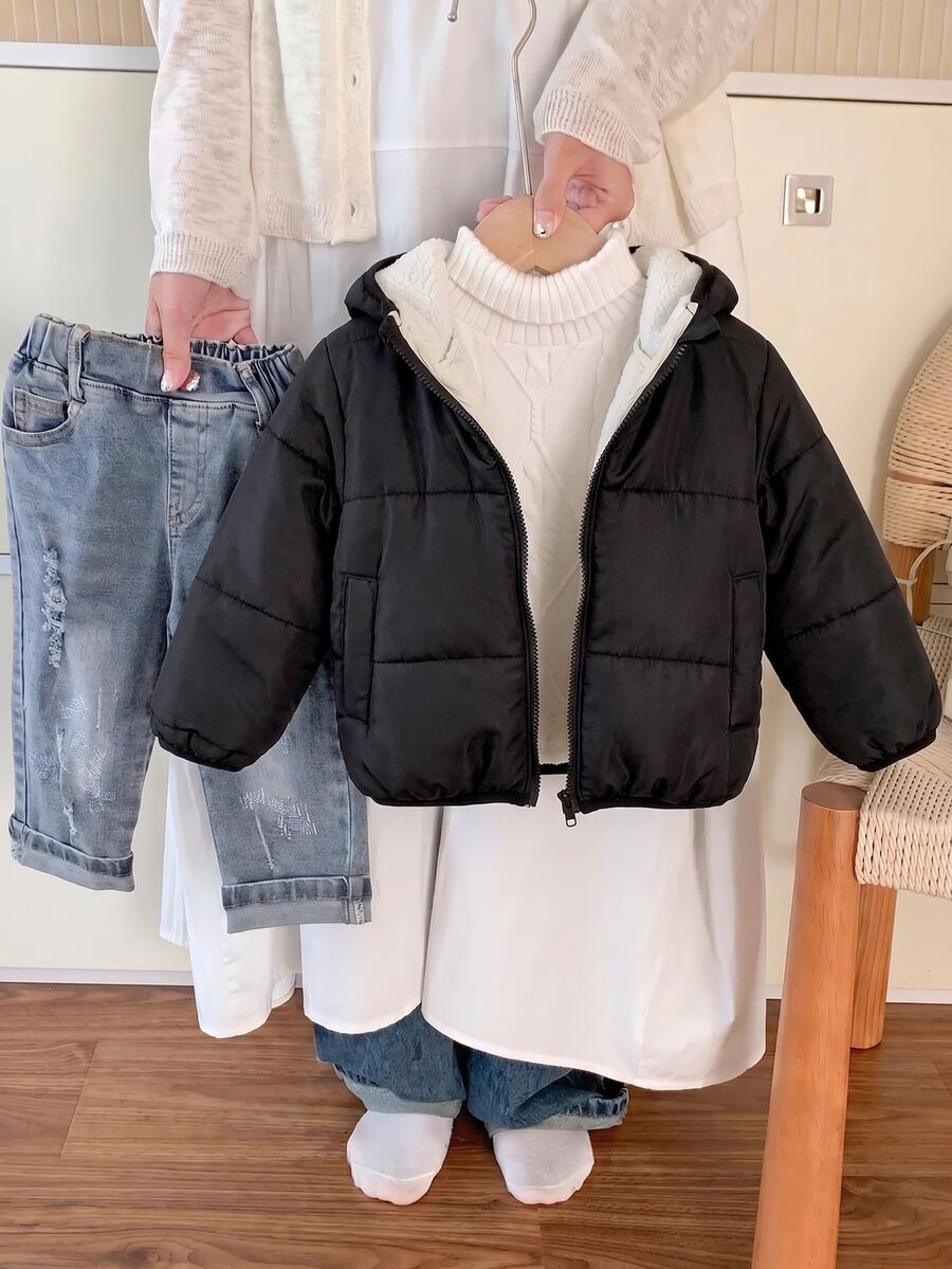 SHEIN 嬰兒男孩女孩棕色冬季保暖內裡連帽拉鍊加厚夾克休閒百搭多功能柔軟舒適運動外套適合戶外雪地玩耍 - 彩色 - 查看 1