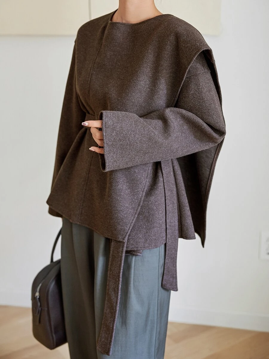 Dazy-Less Women's Winter Coffee Brown Lapel Button Long Sleeve Thick Wool Blend Cinched Waist Mid-Length Coat - Coffee Brown - View 1