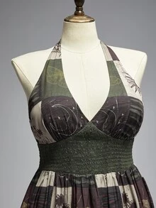 ROMWE Gaun Wanita Ukuran Plus Gaya Liburan Hippie Vintage Motif Matahari Bulan Bintang Ramalan dengan Belahan Tinggi dan Desain Leher Halter - MultiWarna - View 3