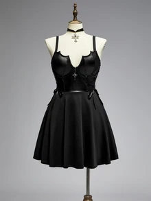ROMWE Goth Plus Size Women's Casual Daily Summer Spaghetti Strap Dress - Black - View 1