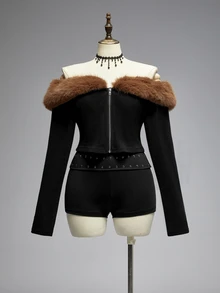 ROMWE Y2K Retro Versatile All-Match Off-Shoulder Fur Collar Zipper Front Fitted Knit Plus Size Jacket - Black - View 1