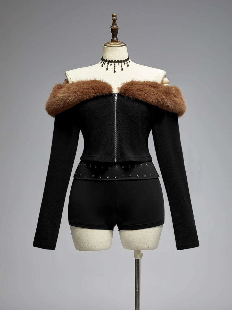 ROMWE Y2K Retro Versatile All-Match Off-Shoulder Fur Collar Zipper Front Fitted Knit Plus Size Jacket - Black - View 1