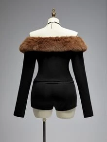 ROMWE Y2K Retro Versatile All-Match Off-Shoulder Fur Collar Zipper Front Fitted Knit Plus Size Jacket - Black - View 2