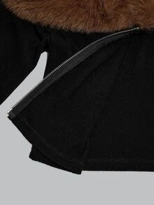 ROMWE Y2K Retro Versatile All-Match Off-Shoulder Fur Collar Zipper Front Fitted Knit Plus Size Jacket - Black - View 5