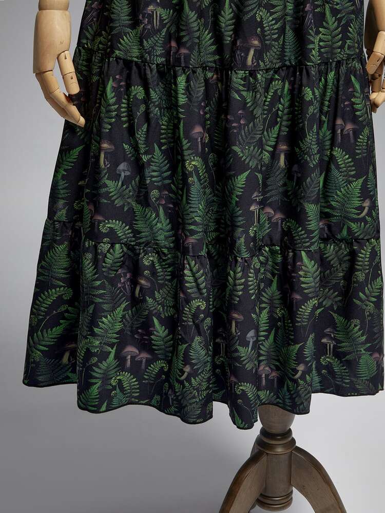 ROMWE Fairycore Plus Size Vintage Romantic Dark Moth Print Off-Shoulder Puff Sleeve Women's Dress - Green - View 4