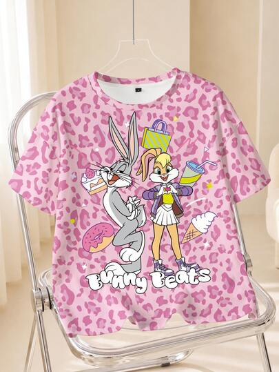 LOONEY TUNES X SHEIN Women's Cartoon Print Round Neck Short Sleeve T-Shirt