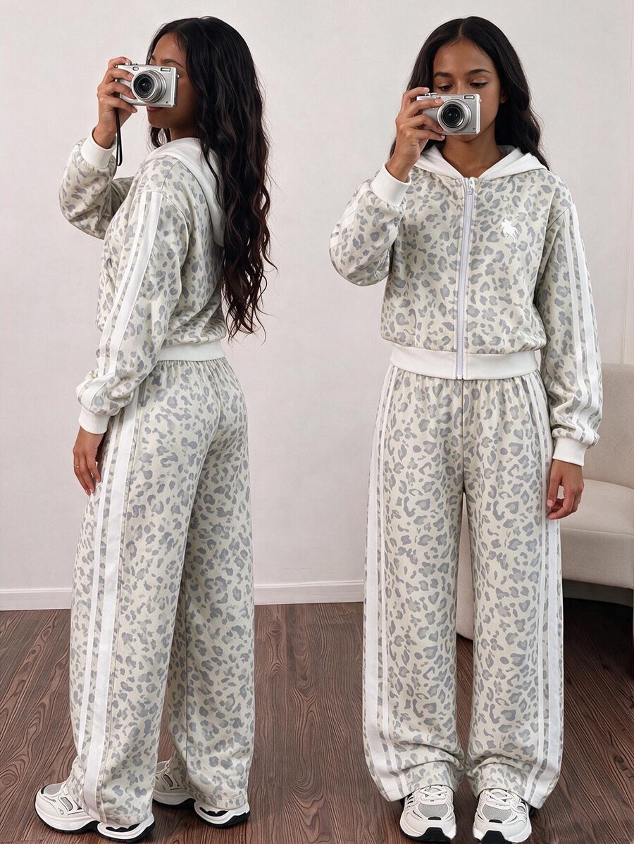 Sparklyn Tween Girls Leopard Full Zip Hoodie & Wide Leg Pants Set, Side Stripe Cropped Sweatshirt & Elastic Waist Sweatpants Outfit - Multicolor - View 1