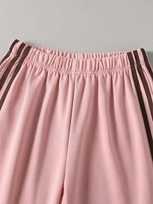 SHEIN Tween女孩美式休閒寬鬆百搭日常運動街頭風拼色織帶鬆緊運動長褲 校園運動 棕色系 夏季 - 粉色 - 查看 5