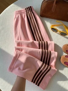 SHEIN Tween女孩美式休閒寬鬆百搭日常運動街頭風拼色織帶鬆緊運動長褲 校園運動 棕色系 夏季 - 粉色 - 查看 2