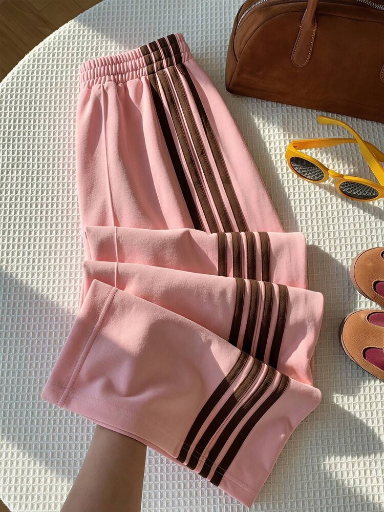SHEIN Tween Girl) American Casual Baggy All-Match Versatile Daily Sports Streetwear Colorblock Webbing Loose Sweatpants School Sports Shades Of Brown Summer - Pink - View 2