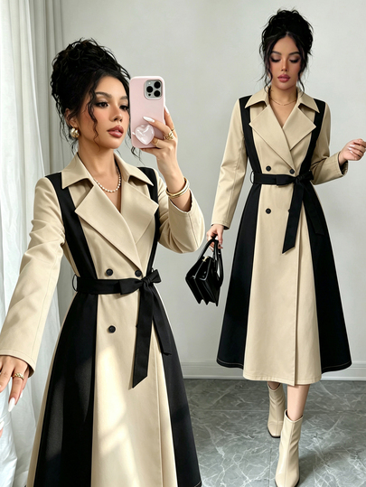 Elenzga Classic Khaki & Black Vertical Stripe Patchwork Double-Breasted Lapel Trench Coat With Matching Belt, Waist-Cinching Long Elegant Commuter Women's Jacket