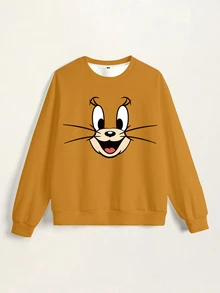 TOM & JERRY X SHEIN 女款卡通印花圓領長袖休閒百搭衛衣 - 白色 - 查看 3