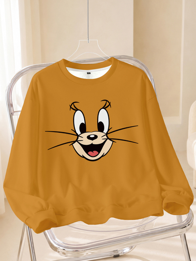 TOM & JERRY X SHEIN Felpa casual versatile da donna con stampa a cartoni animati, girocollo e maniche lunghe