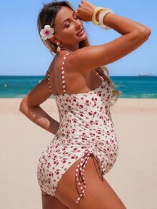 SHEIN 26SS 夏季海灘度假印花柔軟孕婦連身泳衣 - 紅色 - 查看 2