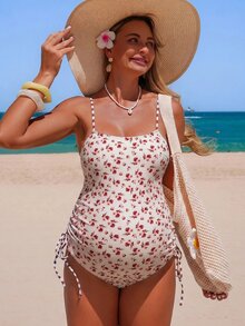 SHEIN 26SS 夏季海灘度假印花柔軟孕婦連身泳衣 - 紅色 - 查看 1
