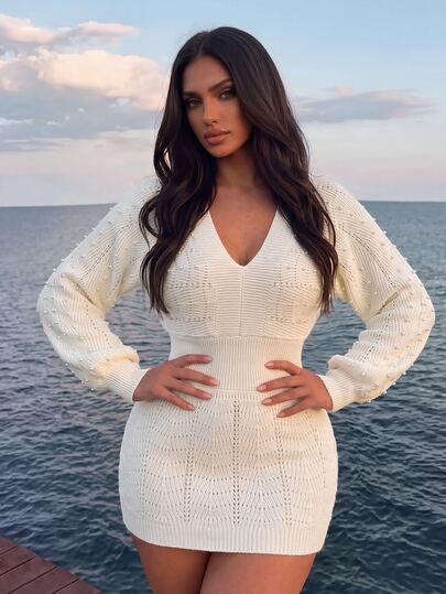 Sirith Women's Faux Pearl Decor V-Neck Long Sleeve Fitted Knit Dress