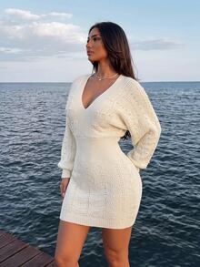 Sirith Women's Faux Pearl Decor V-Neck Long Sleeve Fitted Knit Dress - Beige - View 3