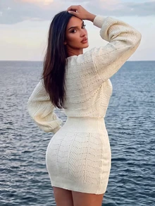 Sirith Women's Faux Pearl Decor V-Neck Long Sleeve Fitted Knit Dress - Beige - View 2