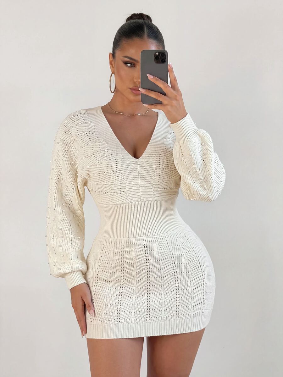 Sirith Women's Faux Pearl Decor V-Neck Long Sleeve Fitted Knit Dress Going Out Off-White Fall Sexy - Beige - View 1