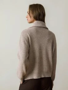 Dazy-Less Women's Wool Autumn Colorful Round Neck Button Cable Knit Long Sleeve Slim Fit Ribbed Cardigan Office Everyday Elegant - Khaki - View 2