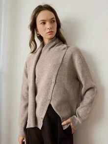 Dazy-Less Women's Wool Autumn Colorful Round Neck Button Cable Knit Long Sleeve Slim Fit Ribbed Cardigan Office Everyday Elegant - Khaki - View 3