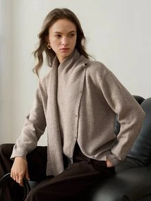 Dazy-Less Women's Wool Autumn Colorful Round Neck Button Cable Knit Long Sleeve Slim Fit Ribbed Cardigan Office Everyday Elegant - Khaki - View 1