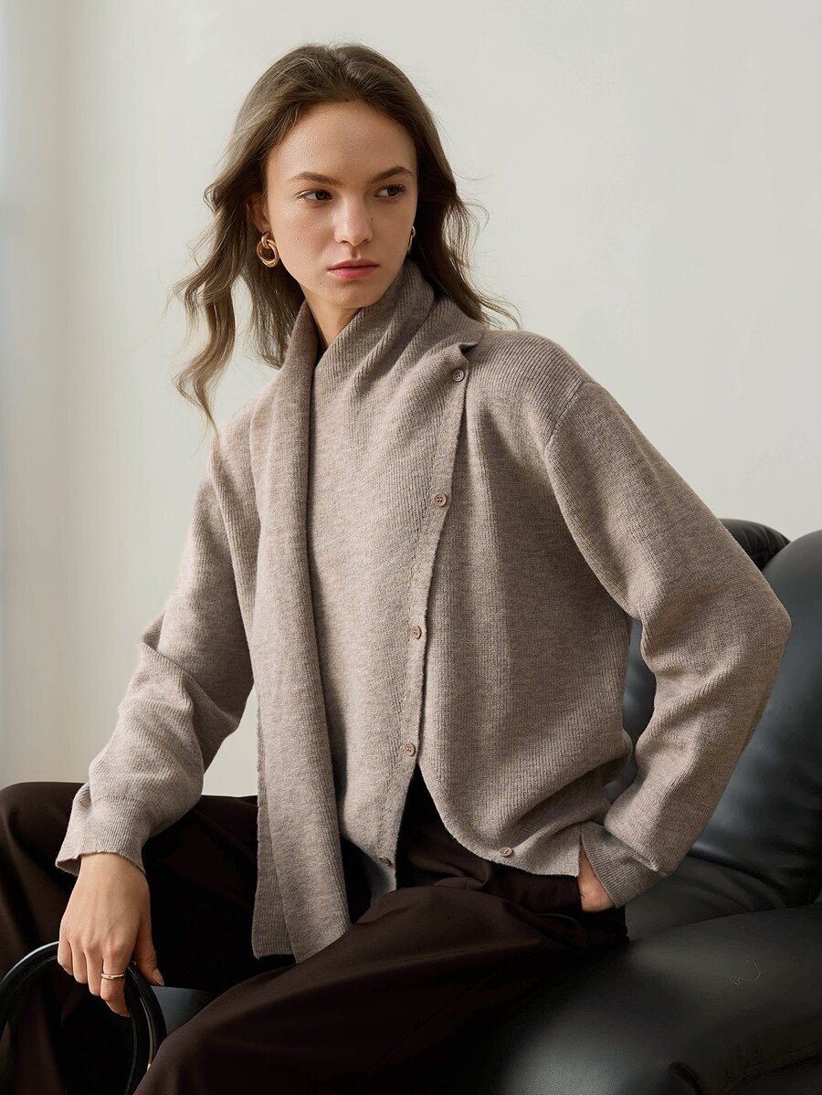 Dazy-Less Women's Wool Autumn Colorful Round Neck Button Cable Knit Long Sleeve Slim Fit Ribbed Cardigan Office Everyday Elegant - Khaki - View 1