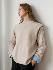 Dazy-Less Women's Solid Color Wool Stand Collar Long Sleeve Casual Versatile Sweater, Autumn Office Beige - Apricot - View 4