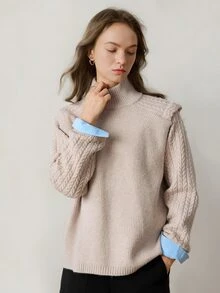 Dazy-Less Women's Solid Color Wool Stand Collar Long Sleeve Casual Versatile Sweater, Autumn Office Beige - Apricot - View 3