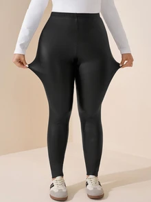 SHEIN LUNE Plus Size Women's Solid Color Casual Soft Versatile Daily Wear Tight Leggings Winter Pilates Gym Black - Black - View 9