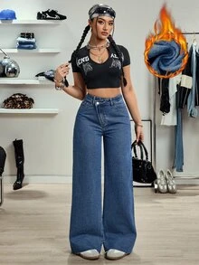 SHEIN Tall Women's Tall Casual Versatile Design Waist Straight Leg Jeans - Medium Wash - View 6