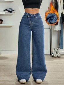 SHEIN Tall Women's Tall Casual Versatile Design Waist Straight Leg Jeans - Medium Wash - View 7