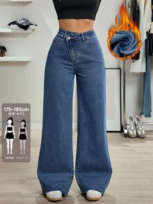 SHEIN Tall Women's Tall Casual Versatile Design Waist Straight Leg Jeans - Medium Wash - View 1
