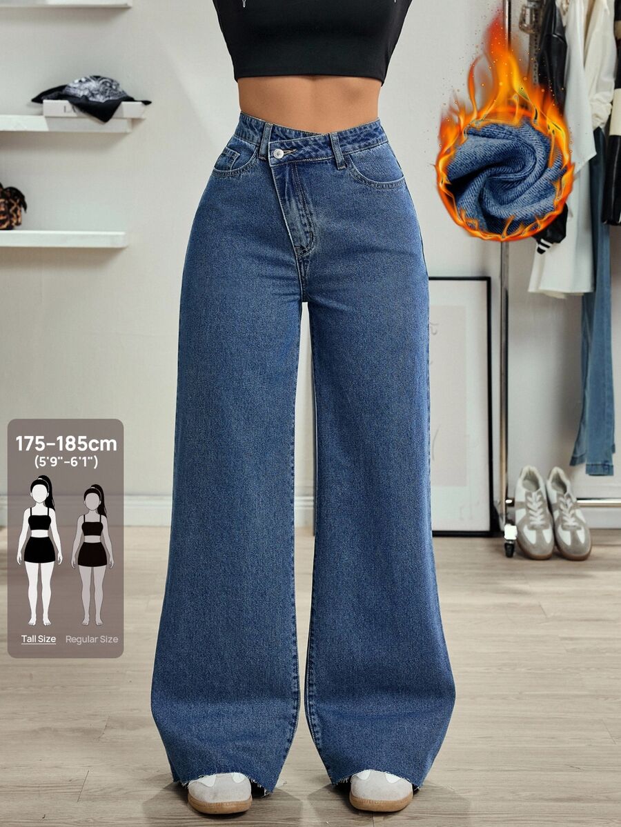SHEIN Tall Women's Tall Casual Versatile Design Waist Straight Leg Jeans - Medium Wash - View 1