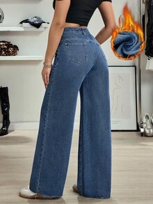 SHEIN Tall Women's Tall Casual Versatile Design Waist Straight Leg Jeans - Medium Wash - View 2