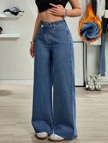 SHEIN Tall Women's Tall Casual Versatile Design Waist Straight Leg Jeans - Medium Wash - View 5
