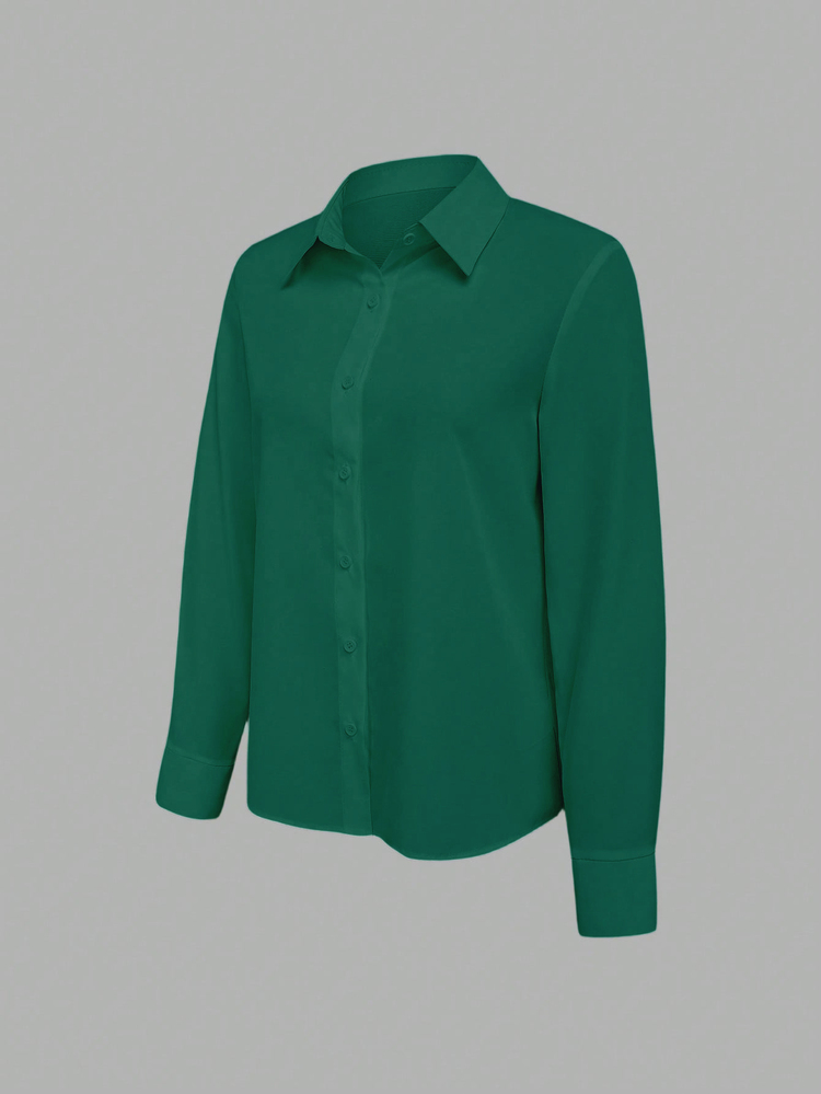 EMERY ROSE Women's Casual Elegant Dark Green Woven Fabric Shirt Collar Long Sleeve Button Detail Blouse Teachers' Day Business Brunch Office Autumn - Dark Green - View 5