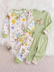 SHEIN Baby Girl Cute Floral Cartoon Pattern Long Sleeve Fitted Loungewear Set, Thermal Lined Brushed Thick Fabric, Suitable For Winter - Green - View 6