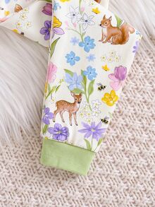 SHEIN Baby Girl Cute Floral Cartoon Pattern Long Sleeve Fitted Loungewear Set, Thermal Lined Brushed Thick Fabric, Suitable For Winter - Green - View 5