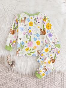 SHEIN Baby Girl Cute Floral Cartoon Pattern Long Sleeve Fitted Loungewear Set, Thermal Lined Brushed Thick Fabric, Suitable For Winter - Green - View 2
