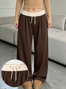 Tween Girls Casual Contrast Piping Drawstring Hem Wide Leg Straight Pants Fall Winter Polyester - Brown - View 1